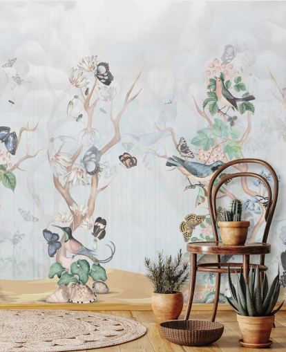 Light blue background with chinoiserie style trees with birds and butterflies Light blue background with chinoiserie style trees with birds and butterflies