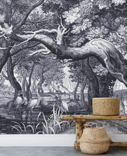 Black and white illustrated forest scene Black and white illustrated forest scene