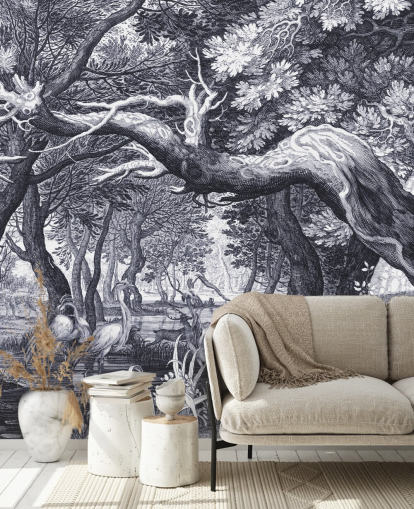 Cena florestal ilustrada em preto e branco Cena florestal ilustrada em preto e branco