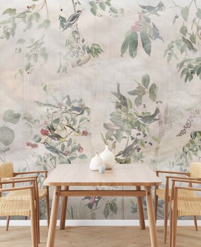 Fundo creme com várias videiras verdes, pássaros e frutas vermelhas Fundo creme com várias videiras verdes, pássaros e frutas vermelhas