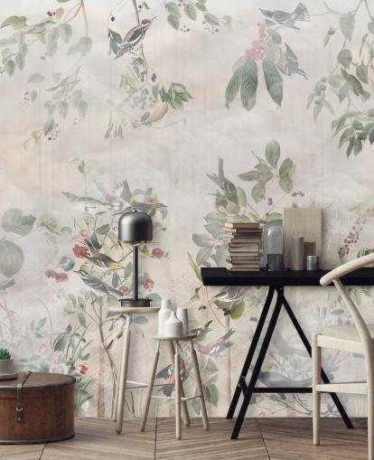 Cream background with various green vines, birds and red berries Cream background with various green vines, birds and red berries