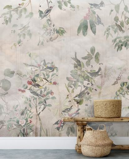 Cream background with various green vines, birds and red berries Cream background with various green vines, birds and red berries