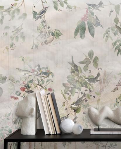 Cream background with various green vines, birds and red berries Cream background with various green vines, birds and red berries