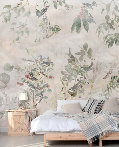 Cream background with various green vines, birds and red berries Cream background with various green vines, birds and red berries