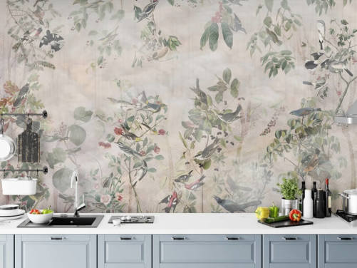 Cream background with various green vines, birds and red berries
