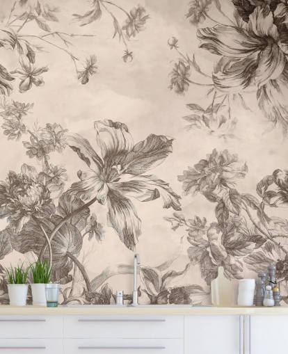 Cream background with black ink drawings of flowers and vines Cream background with black ink drawings of flowers and vines