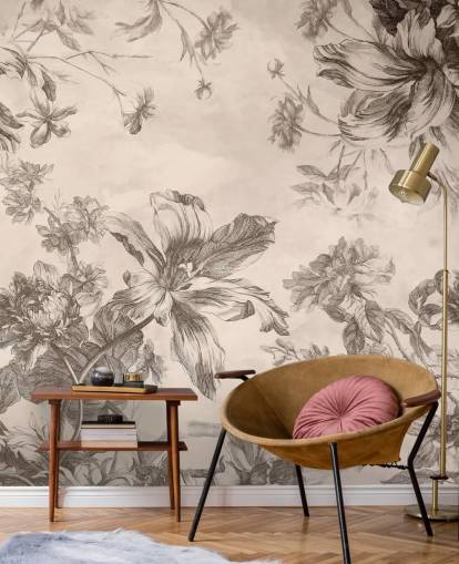 Cream background with black ink drawings of flowers and vines Cream background with black ink drawings of flowers and vines