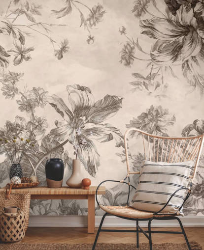 Fondo crema con dibujos a tinta negra de flores y vides Fondo crema con dibujos a tinta negra de flores y vides