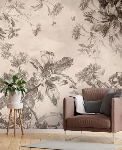 Cream background with black ink drawings of flowers and vines Cream background with black ink drawings of flowers and vines