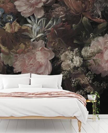 Black background with realistic and large white and pink flowers Black background with realistic and large white and pink flowers