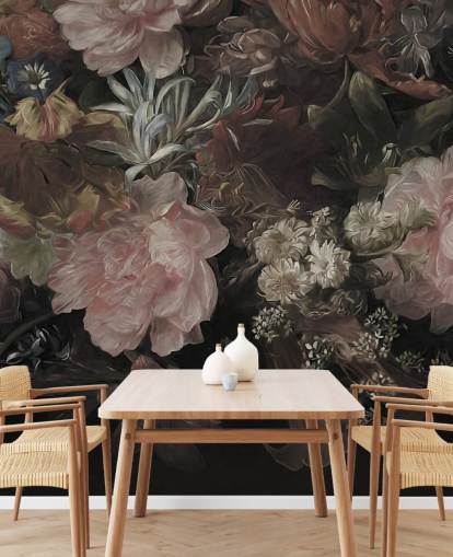 Sfondo nero con realistici e grandi fiori bianchi e rosa Sfondo nero con realistici e grandi fiori bianchi e rosa