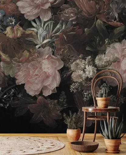 Black background with realistic and large white and pink flowers Black background with realistic and large white and pink flowers