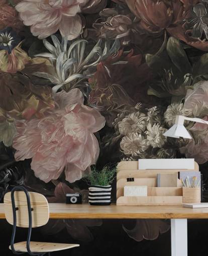 Svart bakgrunn med realistiske og store hvite og rosa blomster Svart bakgrunn med realistiske og store hvite og rosa blomster