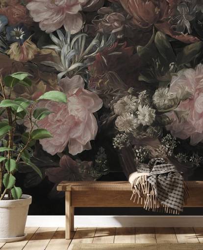 Sort baggrund med realistiske og store hvide og lyserøde blomster Sort baggrund med realistiske og store hvide og lyserøde blomster