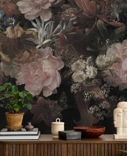 Schwarzer Hintergrund mit realistischen und großen weißen und rosa Blumen Schwarzer Hintergrund mit realistischen und großen weißen und rosa Blumen