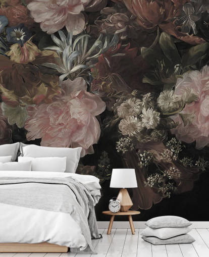 Svart bakgrund med realistiska och stora vita och rosa blommor Svart bakgrund med realistiska och stora vita och rosa blommor