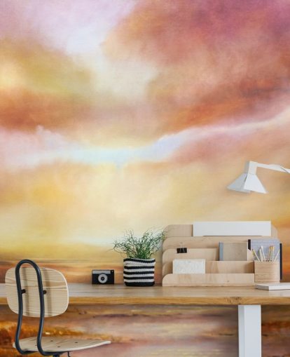 Abstract painting of a yellow and pink landsape with the sun shining through the clouds Abstract painting of a yellow and pink landsape with the sun shining through the clouds