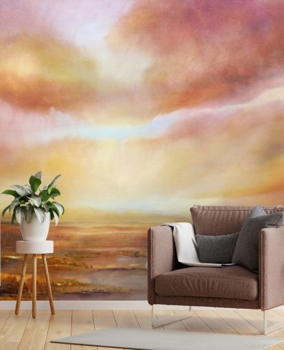 Abstract painting of a yellow and pink landsape with the sun shining through the clouds Abstract painting of a yellow and pink landsape with the sun shining through the clouds