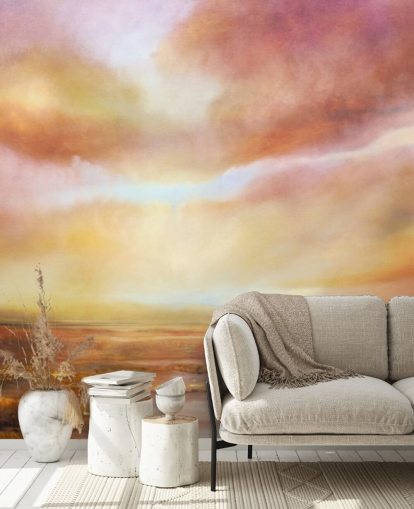 Abstract schilderij van een geel en roze landschap met de zon die door de wolken schijnt Abstract schilderij van een geel en roze landschap met de zon die door de wolken schijnt