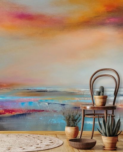 Yellow and pink abstract painting of a landscape with a river and sky Yellow and pink abstract painting of a landscape with a river and sky