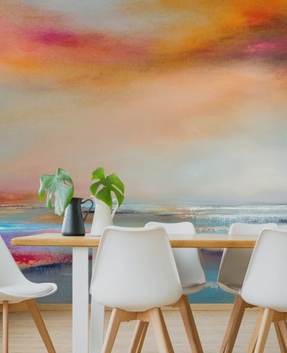 Gelbes und rosafarbenes abstraktes Gemälde einer Landschaft mit Fluss und Himmel Gelbes und rosafarbenes abstraktes Gemälde einer Landschaft mit Fluss und Himmel