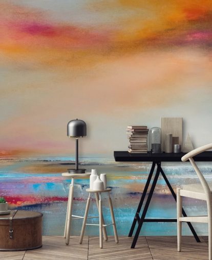 Yellow and pink abstract painting of a landscape with a river and sky Yellow and pink abstract painting of a landscape with a river and sky