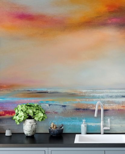 Pintura abstrata amarela e rosa de uma paisagem com rio e céu Pintura abstrata amarela e rosa de uma paisagem com rio e céu