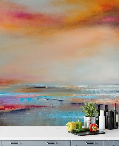 Peinture abstraite jaune et rose d'un paysage avec une rivière et un ciel Peinture abstraite jaune et rose d'un paysage avec une rivière et un ciel