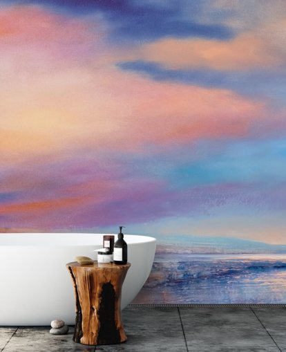 Pink og lilla abstrakt maleri af skyer på himlen og en flod Pink og lilla abstrakt maleri af skyer på himlen og en flod