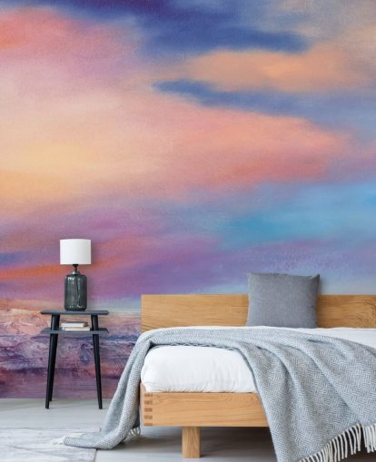 Pink and purple abstract painting of clouds in the sky and a river Pink and purple abstract painting of clouds in the sky and a river