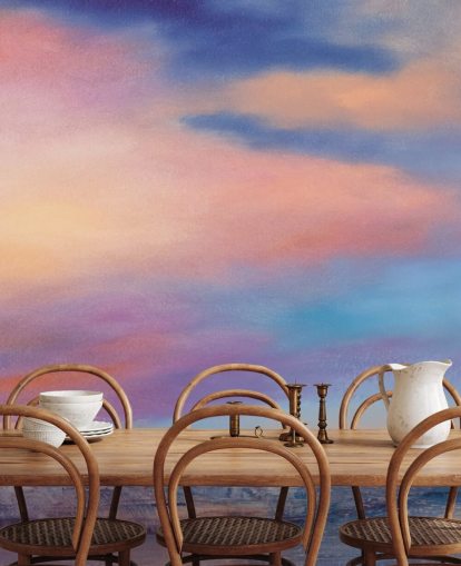 Peinture abstraite rose et violette représentant des nuages dans le ciel et une rivière Peinture abstraite rose et violette représentant des nuages dans le ciel et une rivière