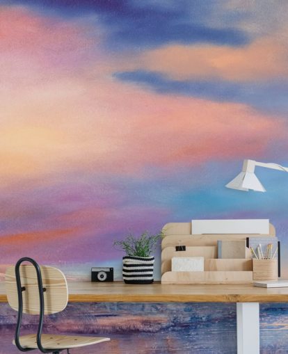 Pink and purple abstract painting of clouds in the sky and a river Pink and purple abstract painting of clouds in the sky and a river