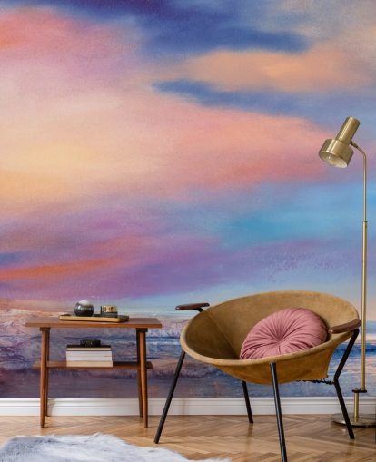 Vaaleanpunainen ja violetti abstrakti maalaus pilvistä taivaalla ja joki Vaaleanpunainen ja violetti abstrakti maalaus pilvistä taivaalla ja joki