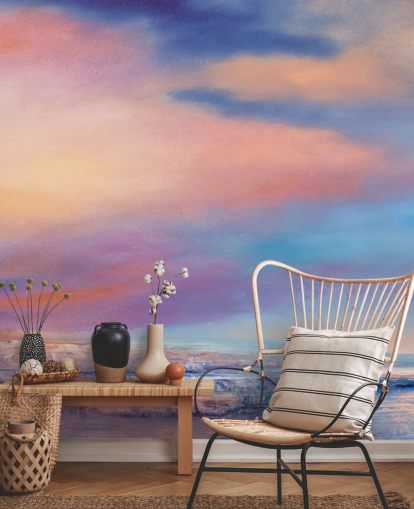 Peinture abstraite rose et violette représentant des nuages dans le ciel et une rivière Peinture abstraite rose et violette représentant des nuages dans le ciel et une rivière