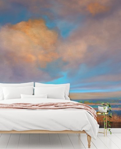 Abstract painting of a river and a sky with pink and orange clouds Abstract painting of a river and a sky with pink and orange clouds