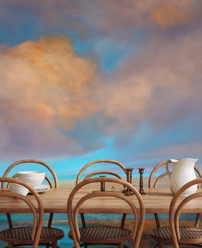 Abstract painting of a river and a sky with pink and orange clouds Abstract painting of a river and a sky with pink and orange clouds