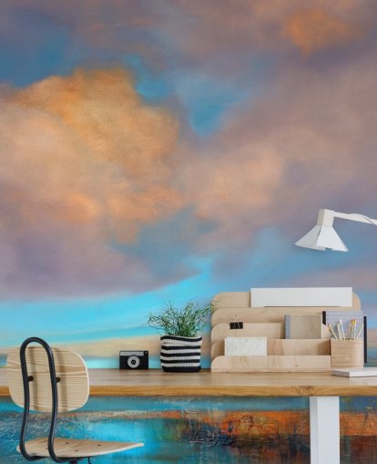 Abstract painting of a river and a sky with pink and orange clouds Abstract painting of a river and a sky with pink and orange clouds