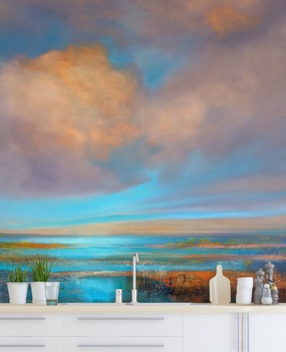 Abstrakt målning av en flod och en himmel med rosa och orange moln Abstrakt målning av en flod och en himmel med rosa och orange moln