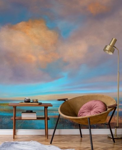 Pintura abstrata de um rio e um céu com nuvens rosa e laranja Pintura abstrata de um rio e um céu com nuvens rosa e laranja