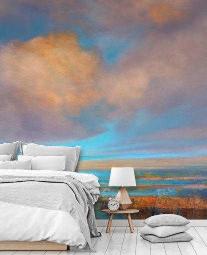 Pintura abstrata de um rio e um céu com nuvens rosa e laranja Pintura abstrata de um rio e um céu com nuvens rosa e laranja