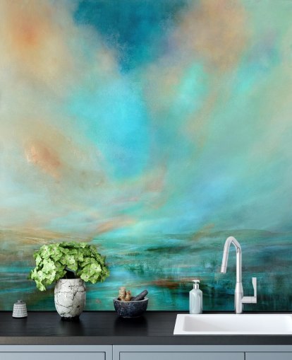 Blue abstract painting of a river, distant mountains anda blue and beige sky Blue abstract painting of a river, distant mountains anda blue and beige sky