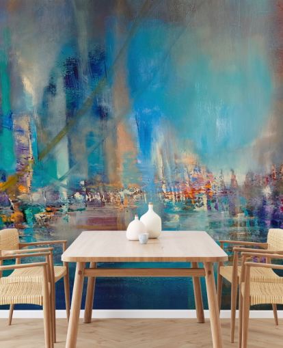 Blue abstract painting of a river with reflecting lights Blue abstract painting of a river with reflecting lights