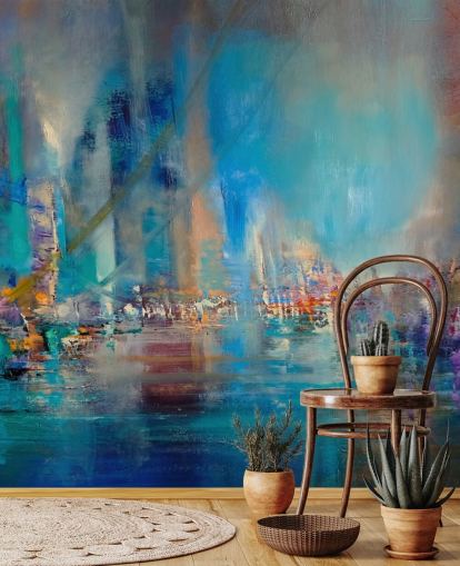 Blue abstract painting of a river with reflecting lights Blue abstract painting of a river with reflecting lights