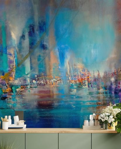 Peinture abstraite bleue représentant une rivière avec des lumières réfléchissantes Peinture abstraite bleue représentant une rivière avec des lumières réfléchissantes