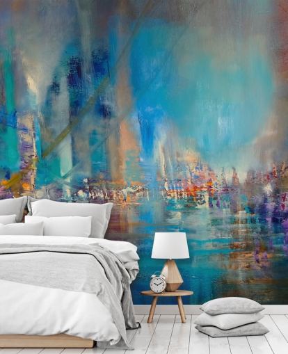 Blue abstract painting of a river with reflecting lights Blue abstract painting of a river with reflecting lights