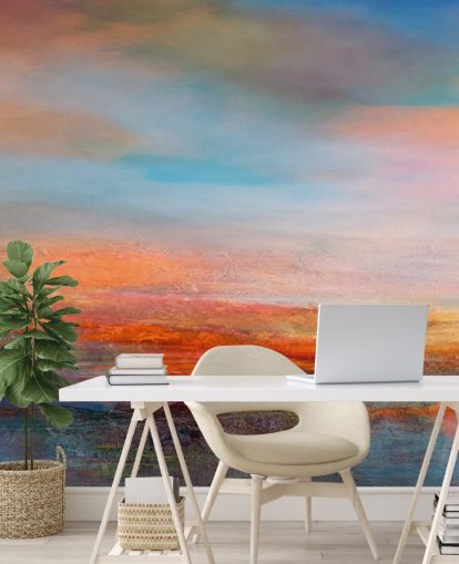 Colourful abstract painting of a sunset with reds, blues and yellows Colourful abstract painting of a sunset with reds, blues and yellows