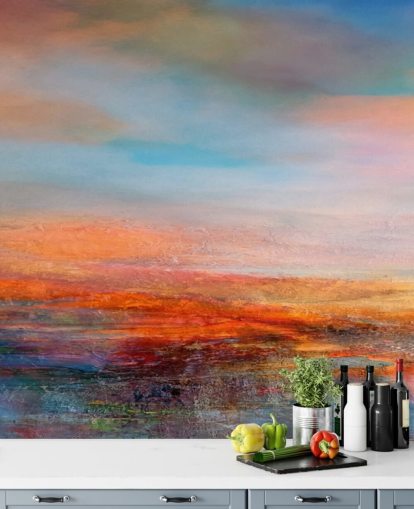 Farbenfrohes abstraktes Gemälde eines Sonnenuntergangs mit Rot-, Blau- und Gelbtönen Farbenfrohes abstraktes Gemälde eines Sonnenuntergangs mit Rot-, Blau- und Gelbtönen