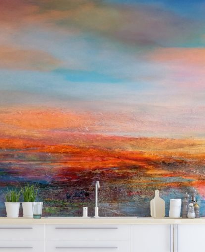 Peinture abstraite colorée représentant un coucher de soleil avec des rouges, des bleus et des jaunes Peinture abstraite colorée représentant un coucher de soleil avec des rouges, des bleus et des jaunes