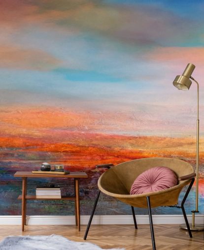 Kleurrijk abstract schilderij van een zonsondergang met rood, blauw en geel Kleurrijk abstract schilderij van een zonsondergang met rood, blauw en geel