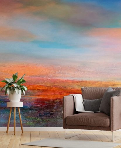 Farbenfrohes abstraktes Gemälde eines Sonnenuntergangs mit Rot-, Blau- und Gelbtönen Farbenfrohes abstraktes Gemälde eines Sonnenuntergangs mit Rot-, Blau- und Gelbtönen